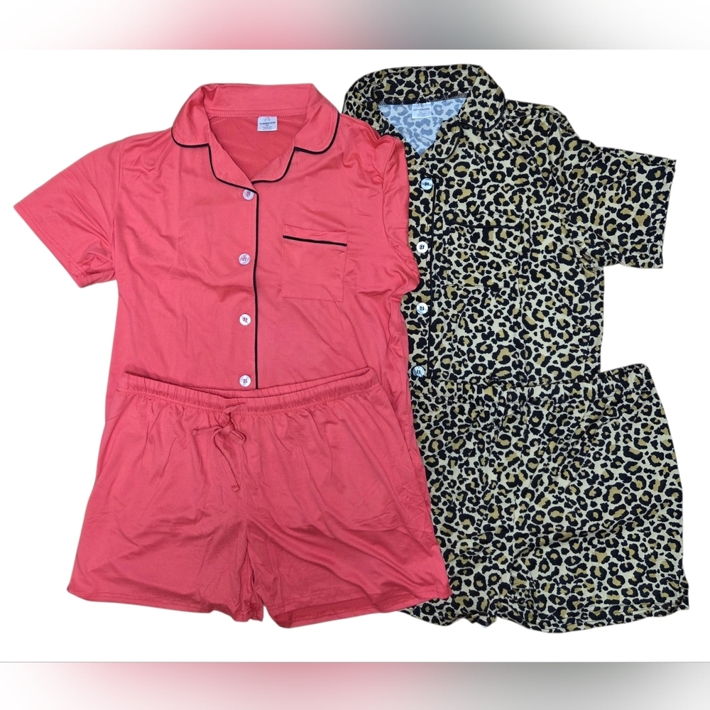 Women’s Short Sleeve Pajama Set - Coral & Leopard Print